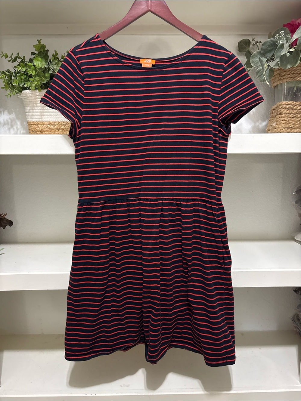 Joe Fresh Navy and Red Striped Short Sleeve Casual Dress